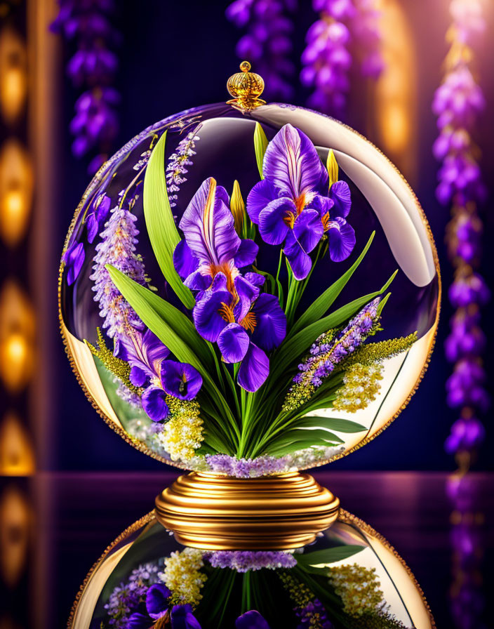 Colorful Iris and Yellow Flower Arrangement in Glass Globe with Golden Base