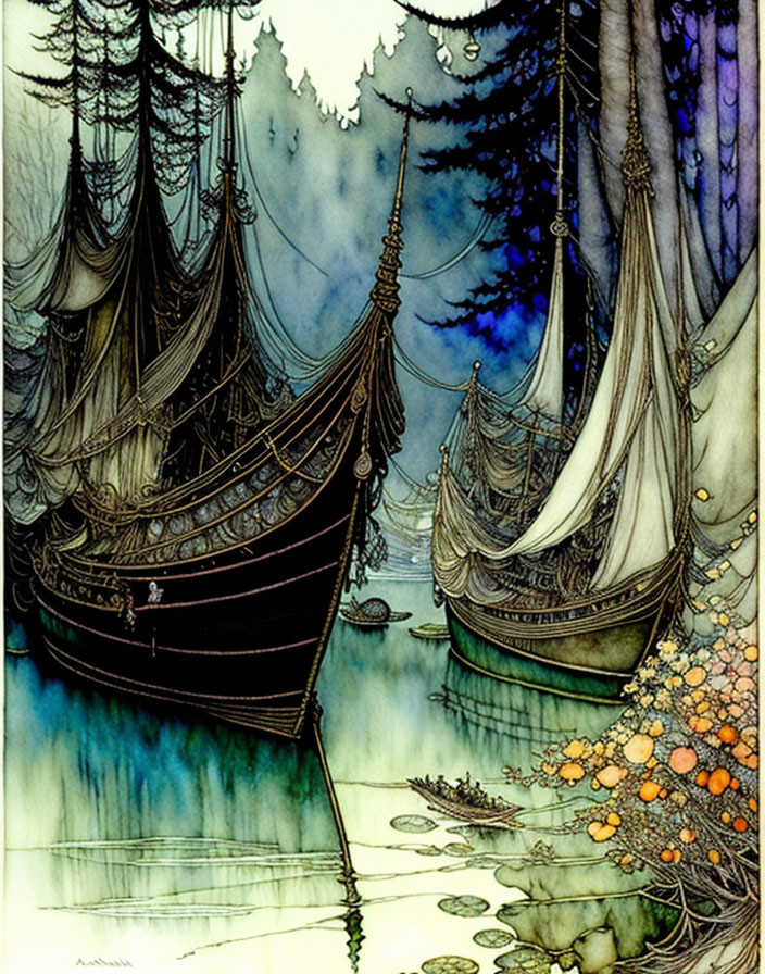 Detailed mystical illustration of sailboats in tranquil forest waterway