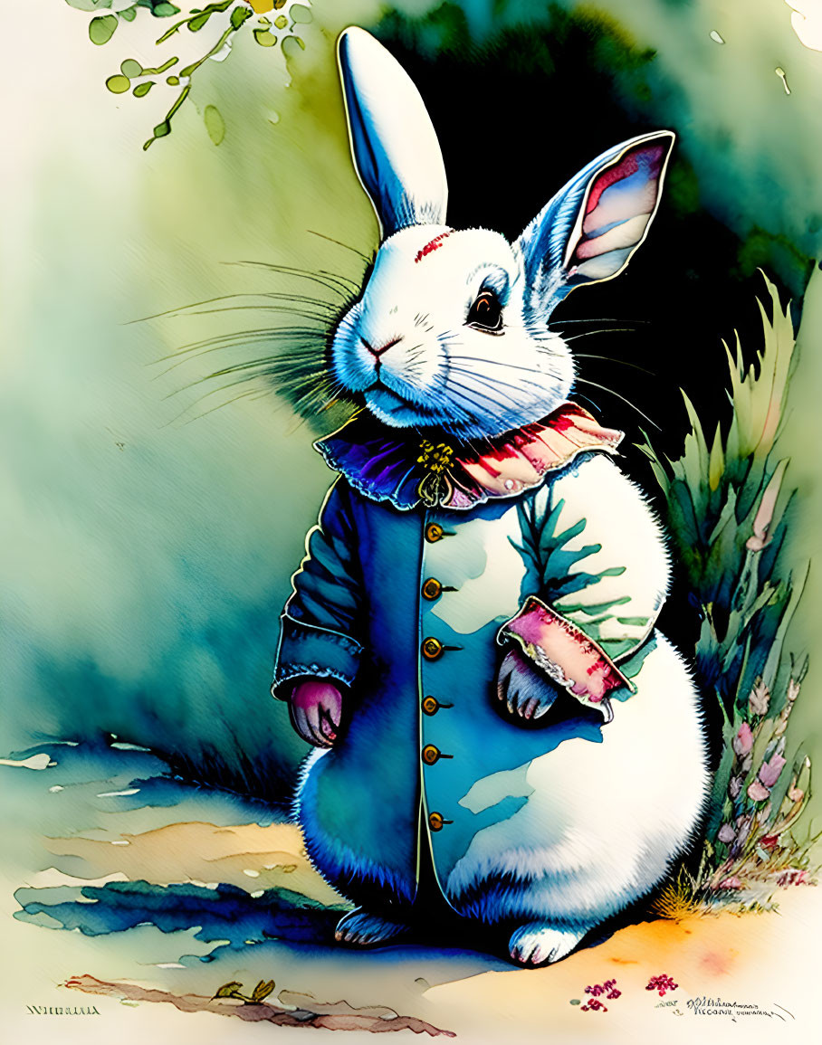 Anthropomorphic rabbit in blue coat in whimsical outdoor scene