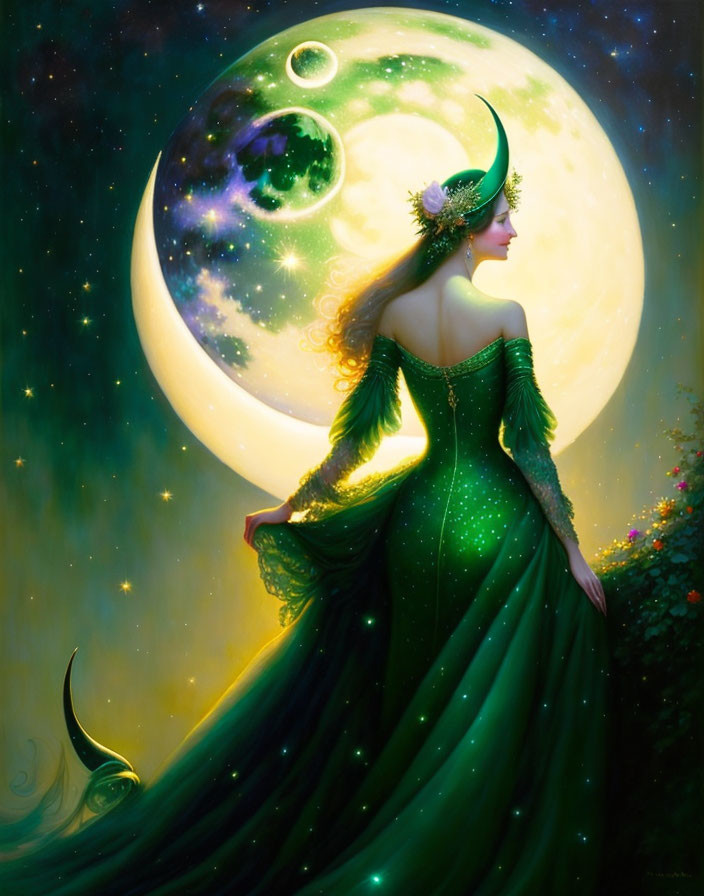 Ethereal woman in green dress under luminous moon