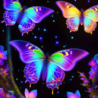 Colorful glowing butterflies fluttering among luminous flowers on dark background