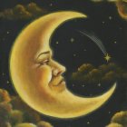 Crescent moon personified with woman's face and stars on dark sky