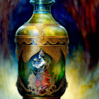 Translucent Green Bottle with Gold Detailing and Historical Couple Illustration