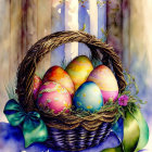 Vibrant Easter basket with decorated eggs, chicks, and flowers on pastel background