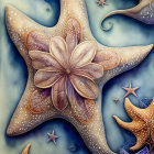 Ocean Scene with Starfish and Floral Patterns on Blue Background