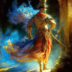 Majestic figure in ornate attire with flowing sash and staff in mystical setting