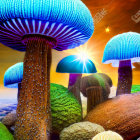 Fantasy scene: Glowing blue mushrooms, colorful boulders, and starry sky