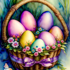 Purple bow wicker basket with Easter eggs, flowers, and chick