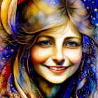 Colorful artwork of a smiling girl merging with a cosmic galaxy