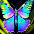 Colorful Butterfly Resting on Plants Against Dark Background