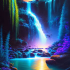 Neon-lit waterfall with glowing blue water in serene pool