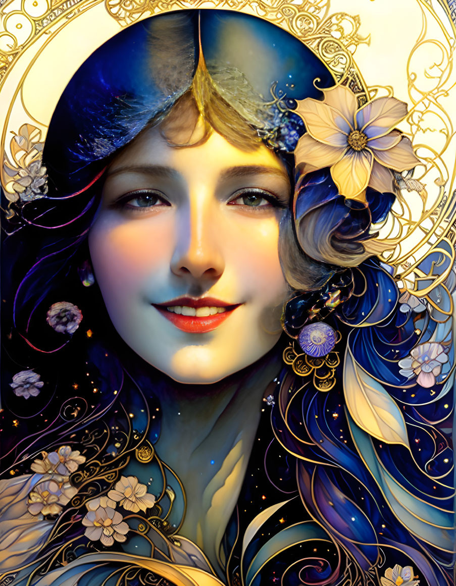 Cosmos-themed woman with intricate golden patterns and floral elements