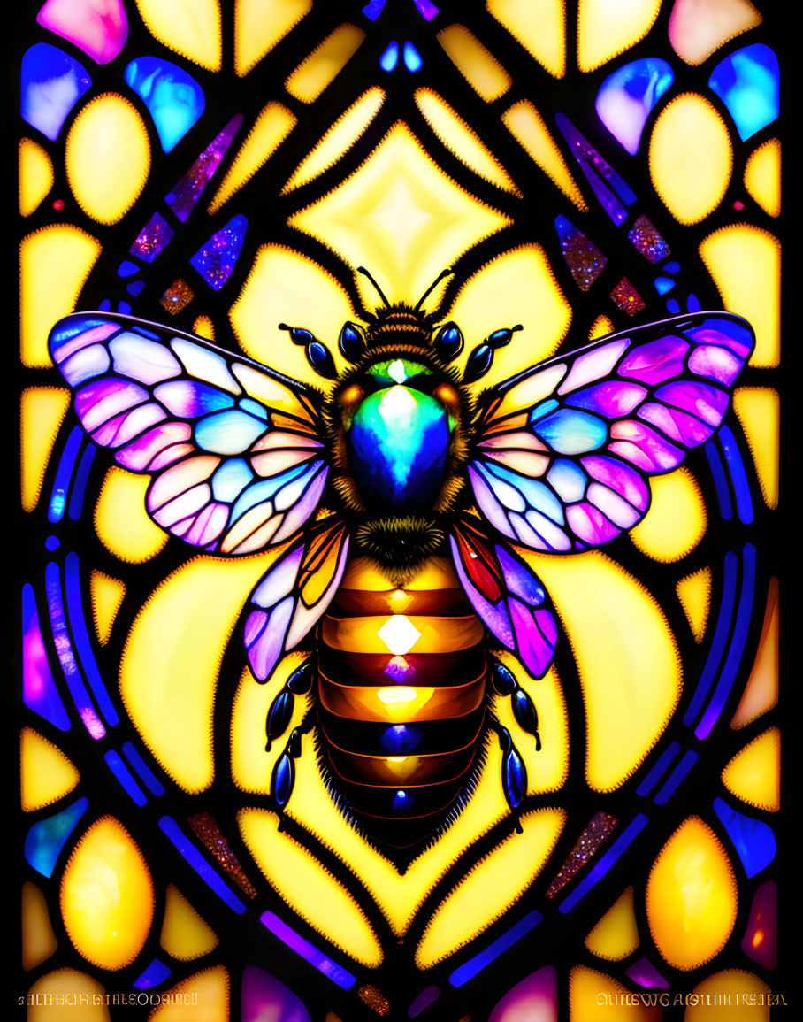 Colorful digital artwork: stylized bee with iridescent wings on stained glass background