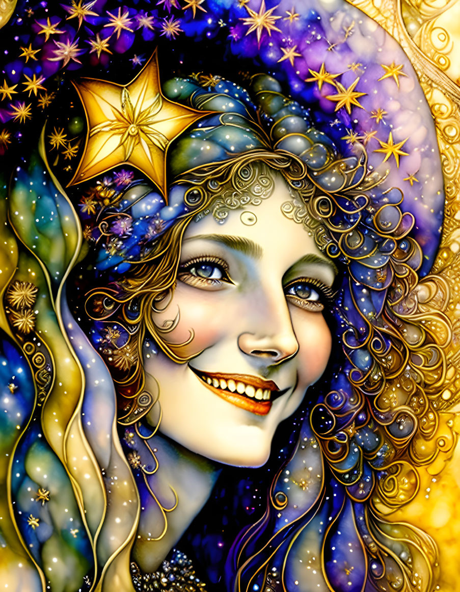 Illustrated woman with cosmic theme and golden patterns against deep space.