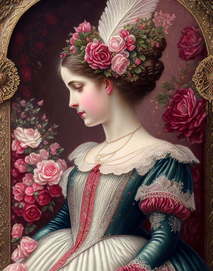 Classical portrait of a woman in floral headpiece and period dress