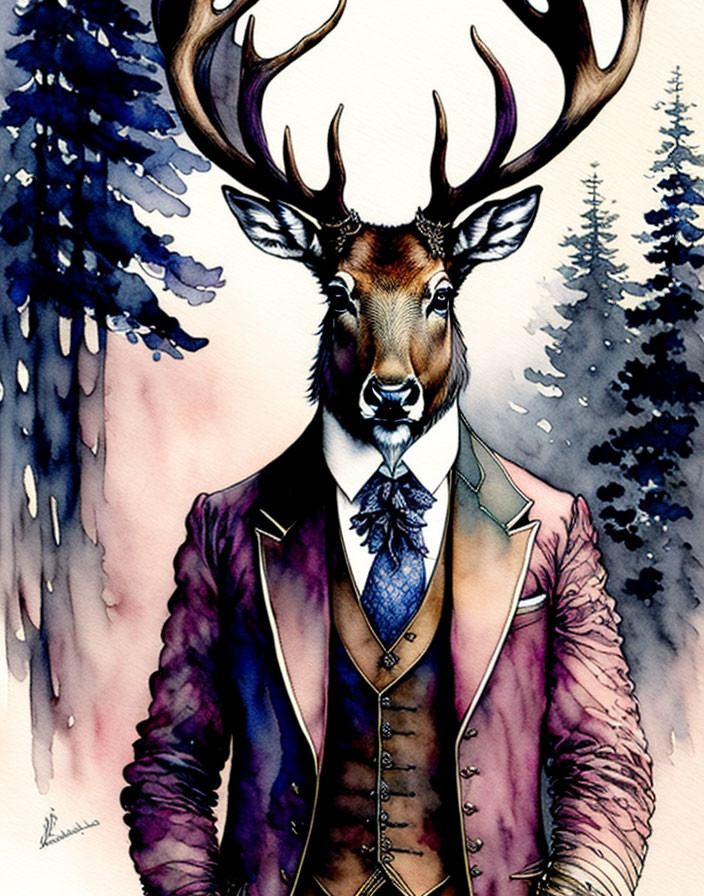 Stag with impressive antlers in suit and tie against pine tree watercolor backdrop