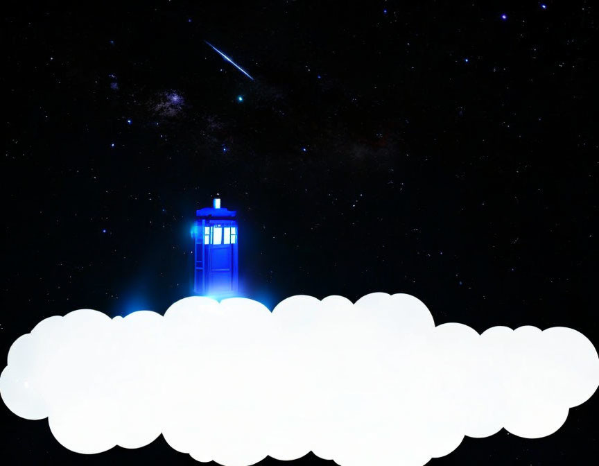 Blue police box on cloud in starry night sky with shooting star