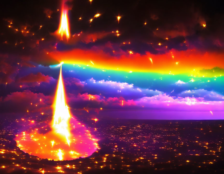 Colorful rainbow and fiery meteorites in purple sky above golden sea