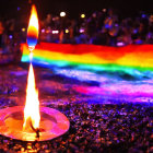 Colorful rainbow and fiery meteorites in purple sky above golden sea