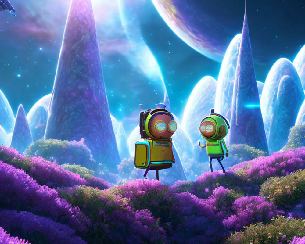 Animated characters in spacesuits explore vibrant alien landscape with purple foliage under starry sky.