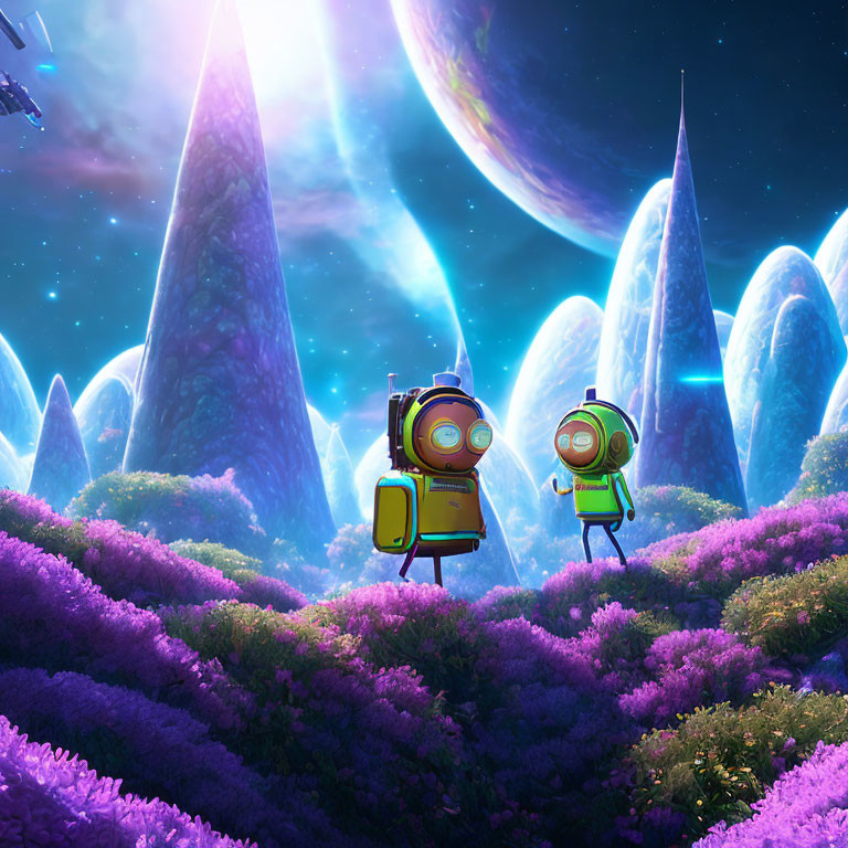 Animated characters in spacesuits explore vibrant alien landscape with purple foliage under starry sky.