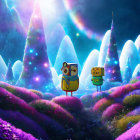 Animated characters in spacesuits explore vibrant alien landscape with purple foliage under starry sky.