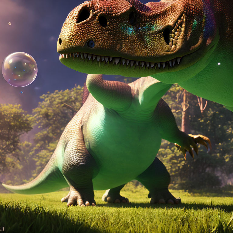 Animated dinosaur admires bubble in sunny forest clearing