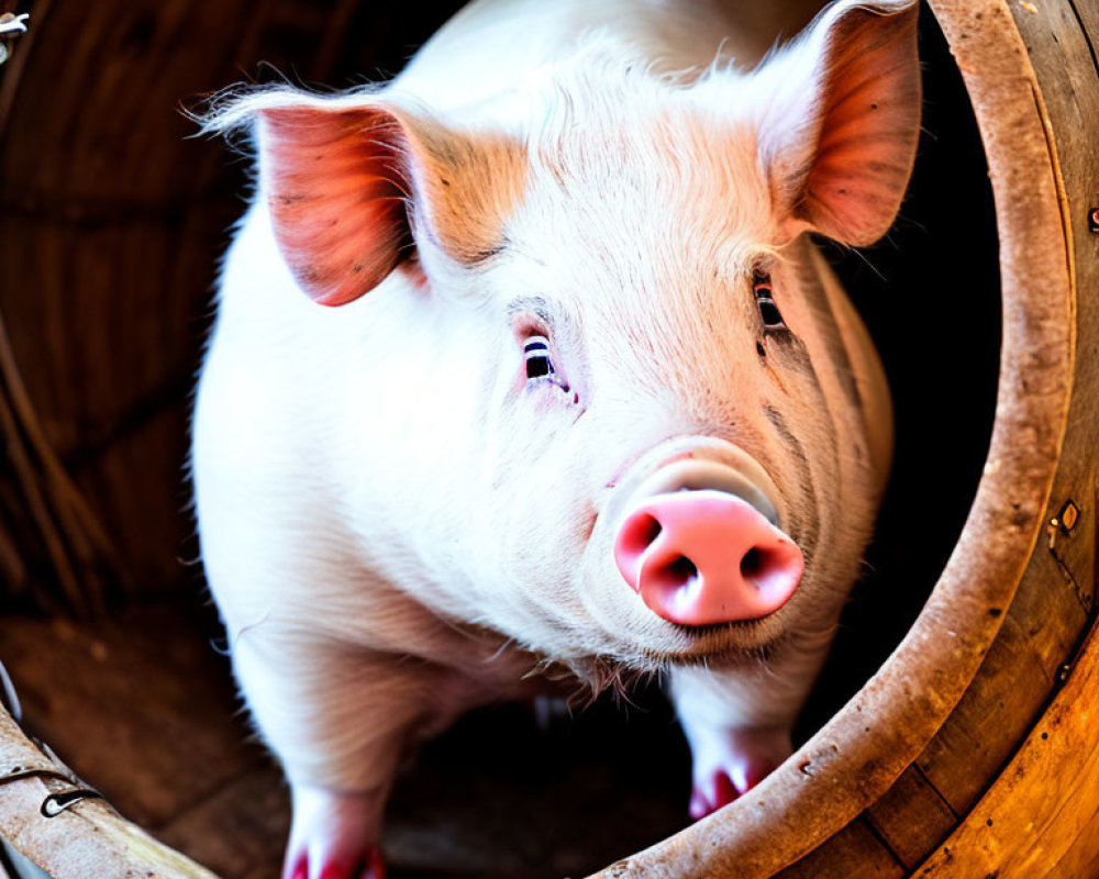 Curious pink pig peeking from wooden barrel