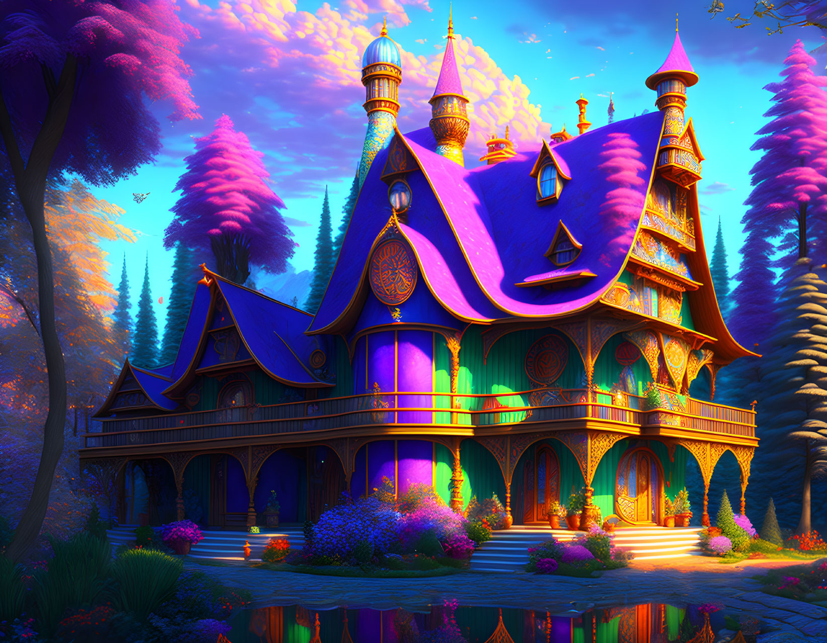 Fantasy-style illustration: Whimsical house in enchanted forest at sunset