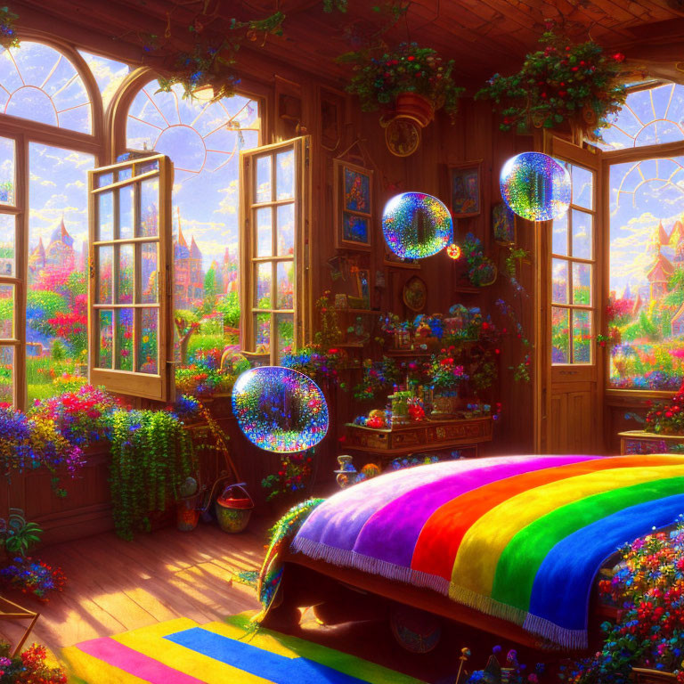 Colorful Bubble Room with Castle View and Floral Decorations