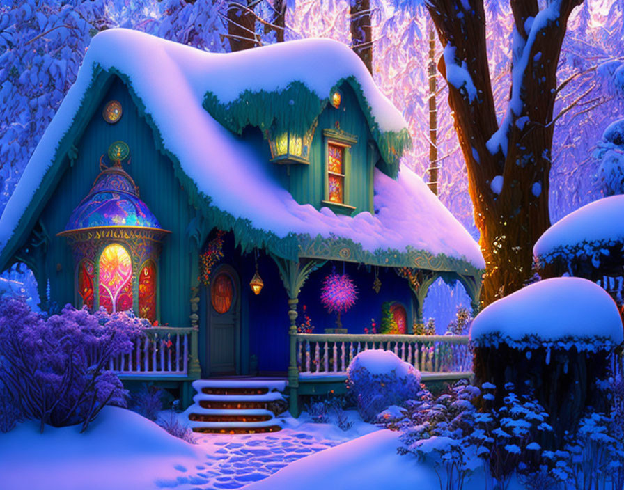 Snow-covered cottage with Christmas decorations in winter forest at twilight