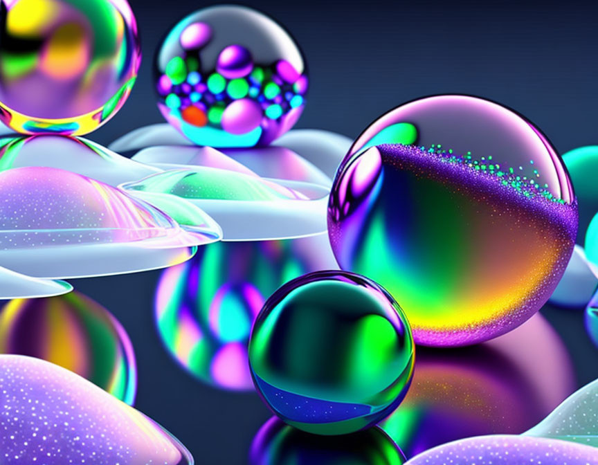 Colorful Glittery Spheres on Reflective Surface