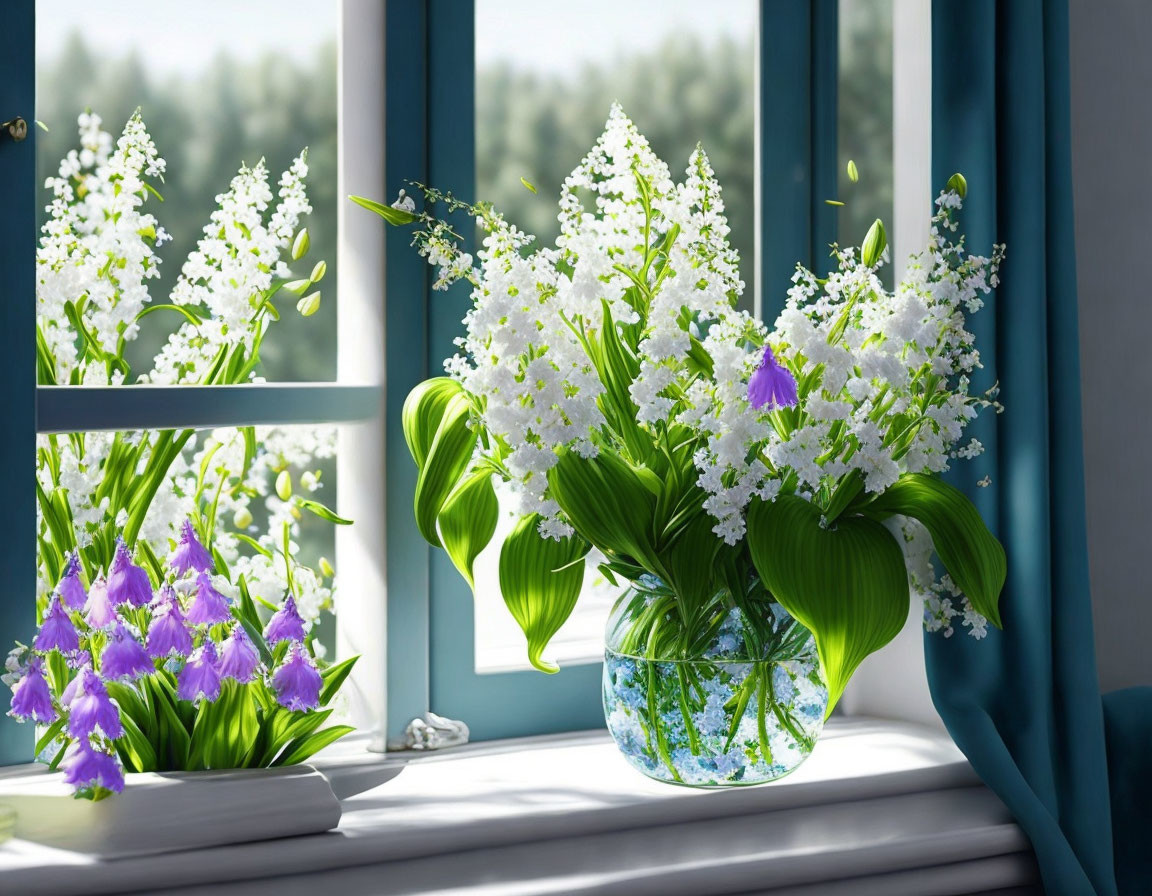 White and Purple Flowers in Blue Vase on Sunny Windowsill