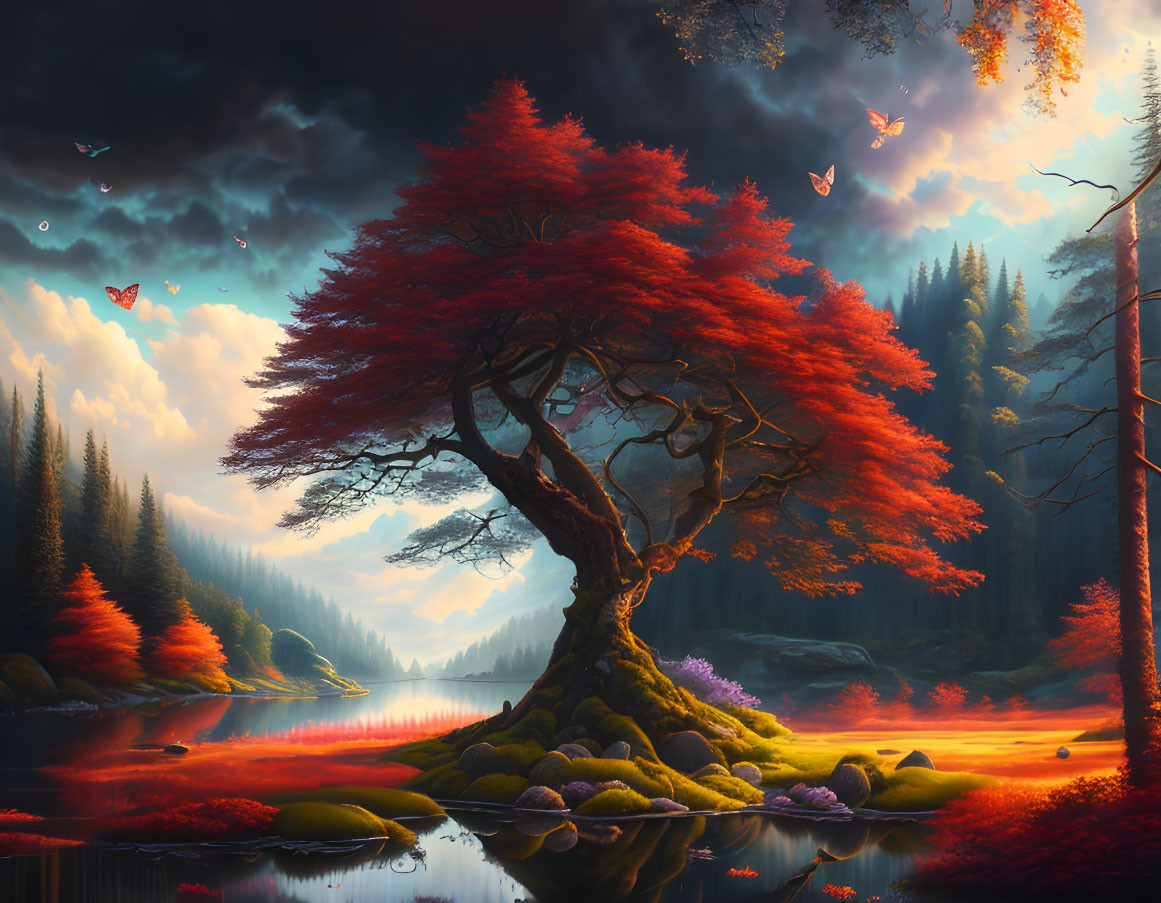 Serene landscape with red tree, butterflies, river, and lush forests