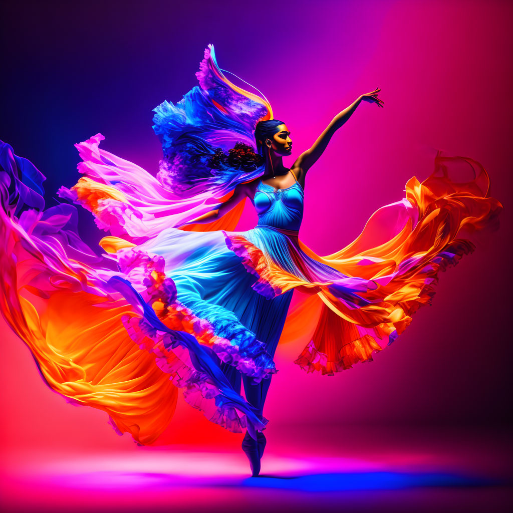 Colorful fabric dancer against red-purple gradient background