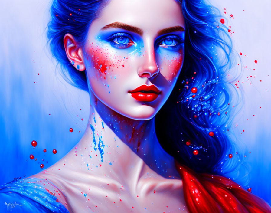 Digital artwork: Woman with vibrant blue eyes, blue-tinted skin, and red paint splatter