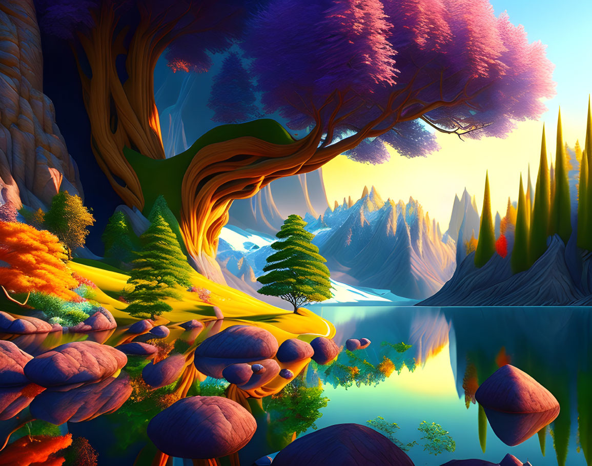 Colorful fantasy landscape with diverse trees, distant mountains, and a serene lake