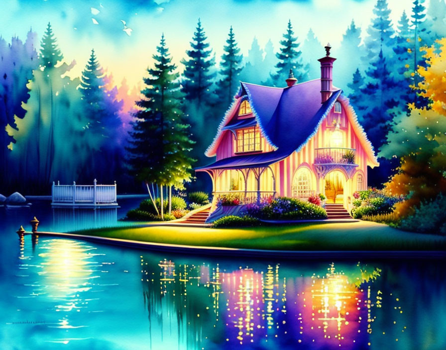 Vibrant illustration: Whimsical house by lake in twilight forest