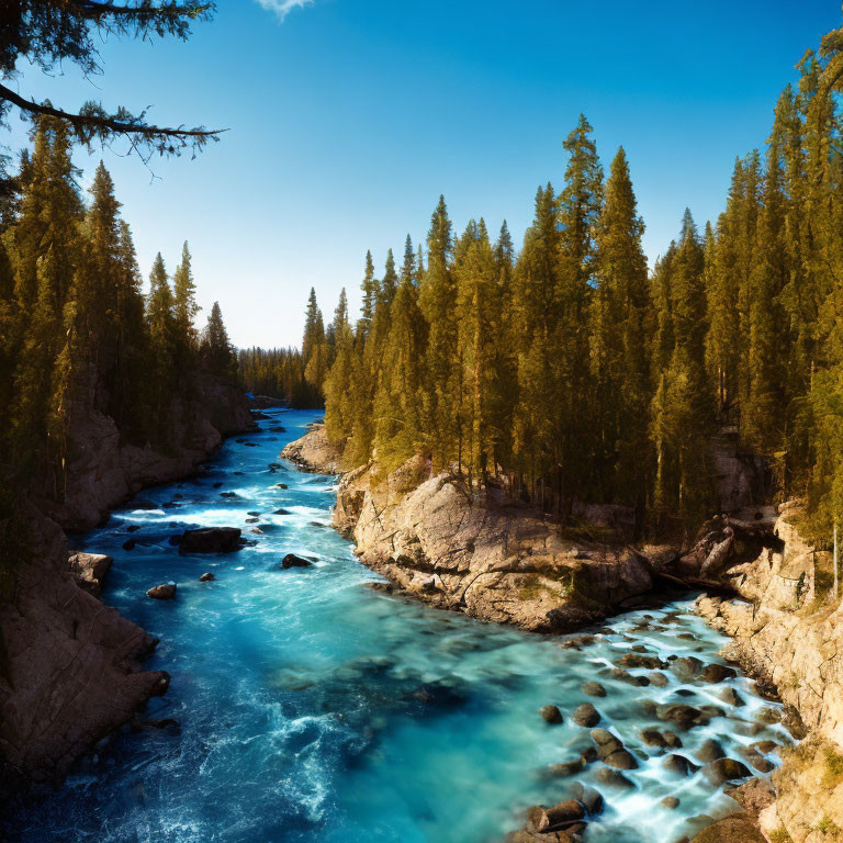 Turquoise River in Rocky Canyon with Conifers and Blue Sky