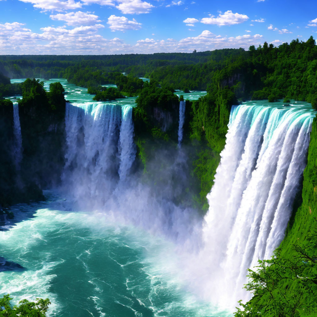 Picturesque Niagara Falls with cascading water and mist, surrounded by lush greenery under a bright blue