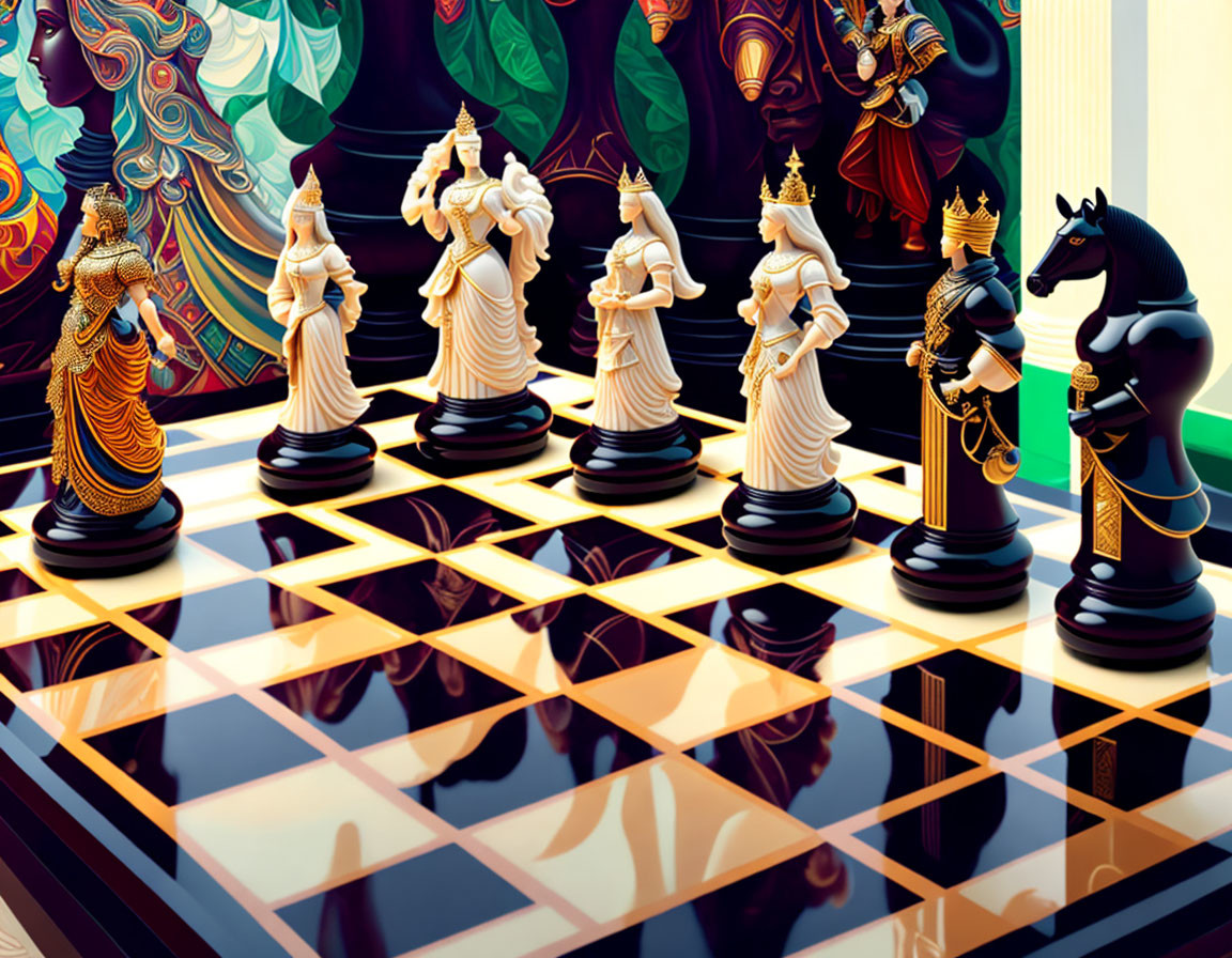 Fantasy-themed chess set with vibrant pieces on glossy board