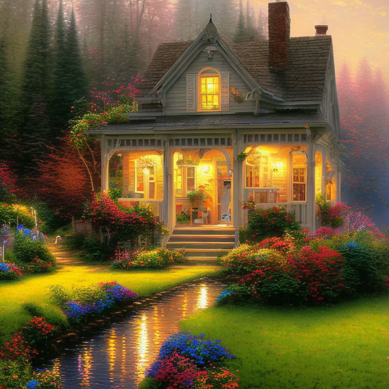 Victorian house with gardens and stream at sunset