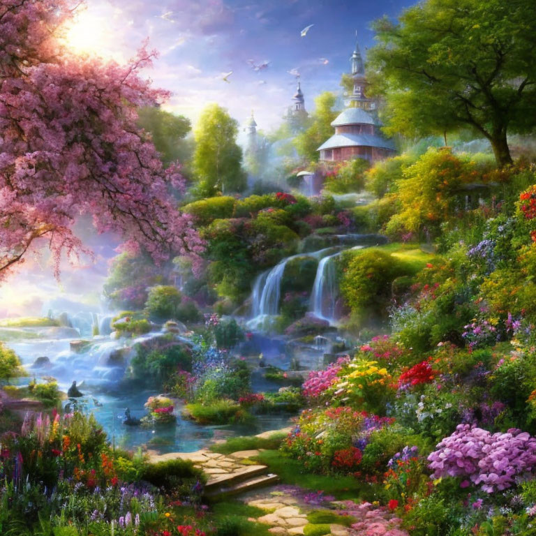 Tranquil cherry blossom garden with waterfall, cottage, and birds