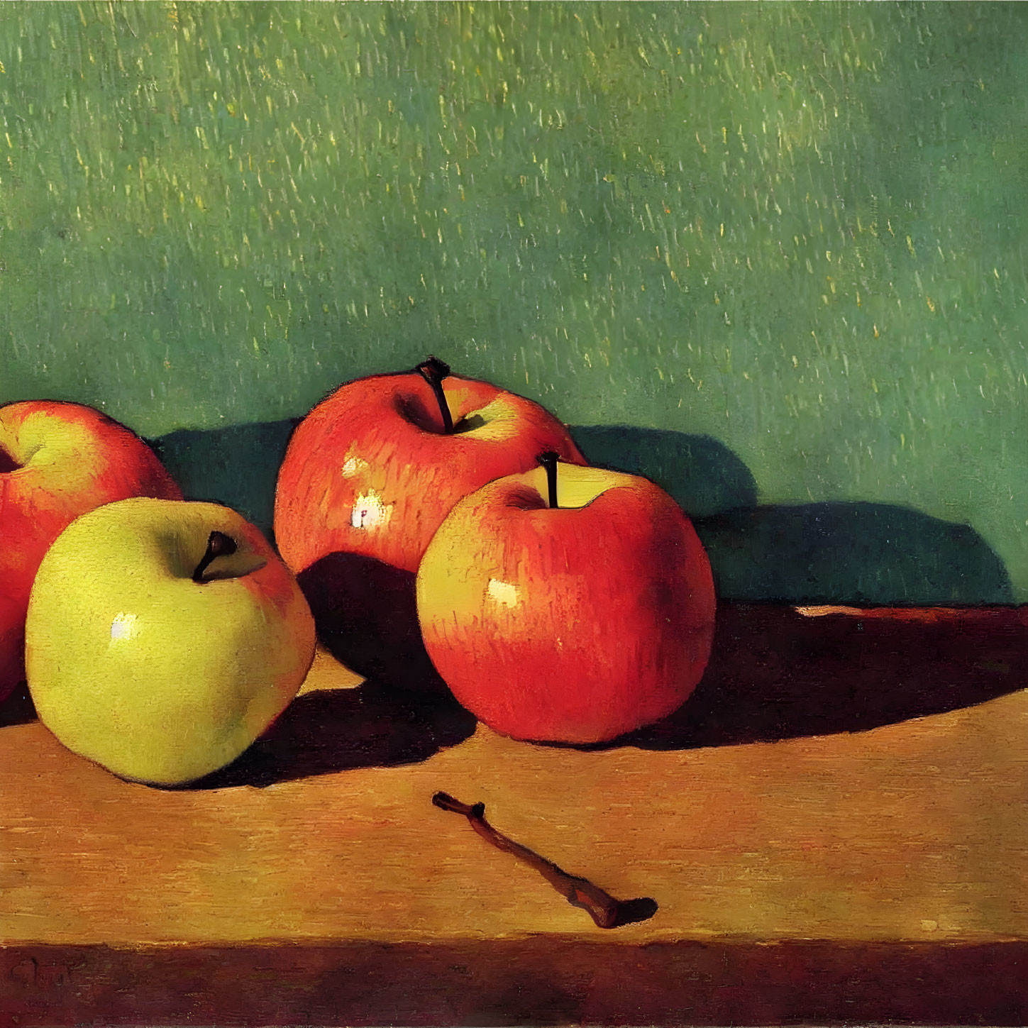 Traditional still life painting of five apples on wooden surface