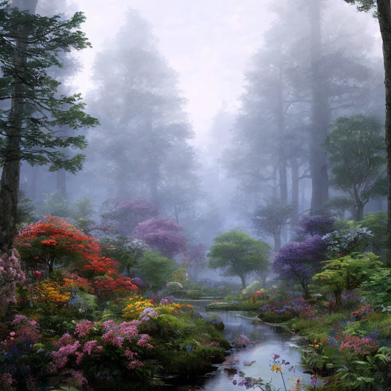 Misty forest stream with vibrant flora and foggy trees