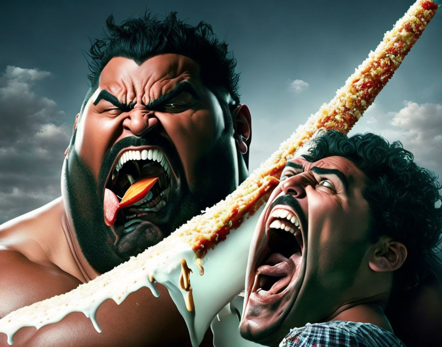 Animated men scream with chili and cheese-covered corn dog.