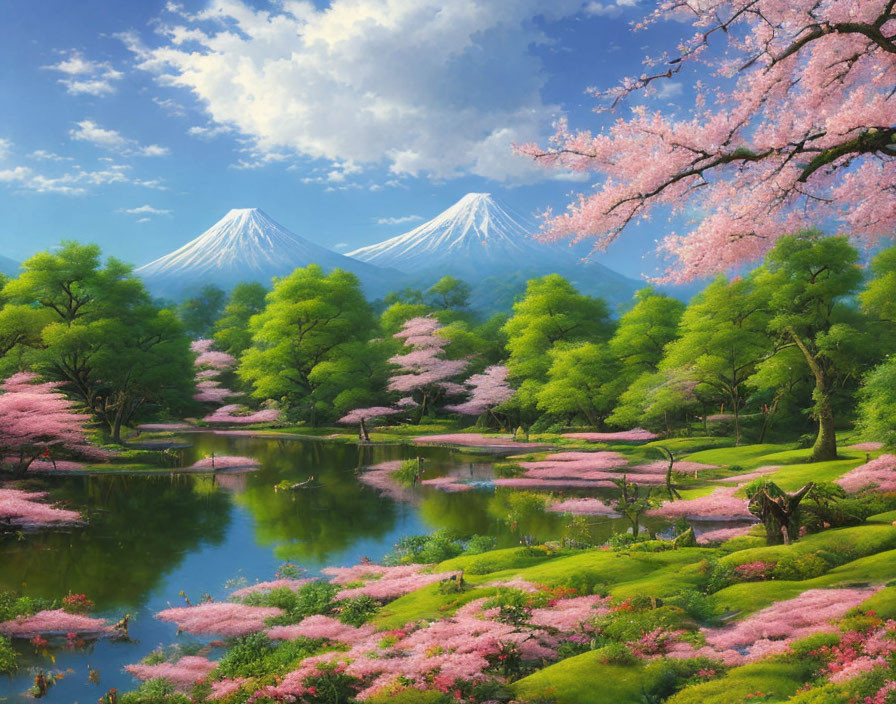 Tranquil landscape with cherry blossoms, serene pond, lush greenery, and snow-capped