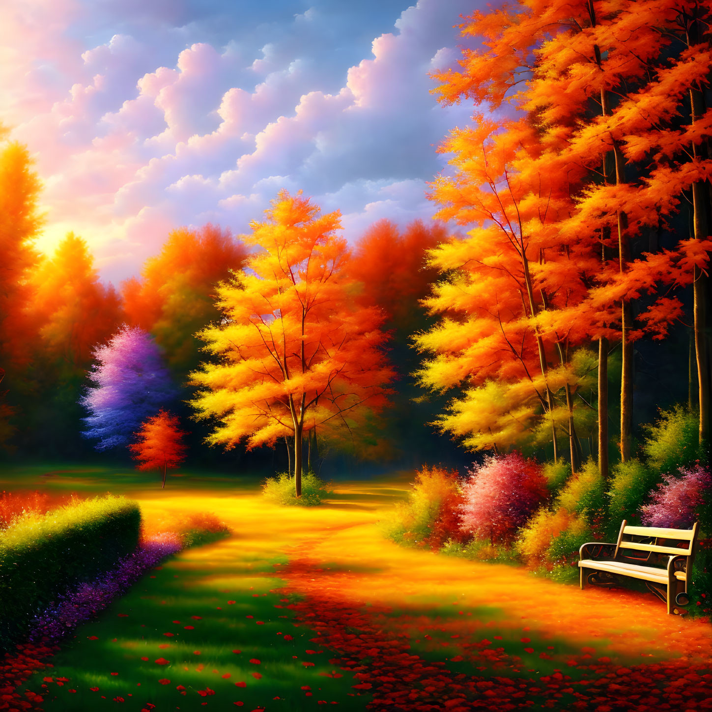 Vibrant autumn landscape with golden and crimson trees and a winding path