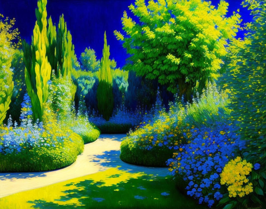 Colorful Garden Path with Blue and Yellow Flowers Under Night Sky