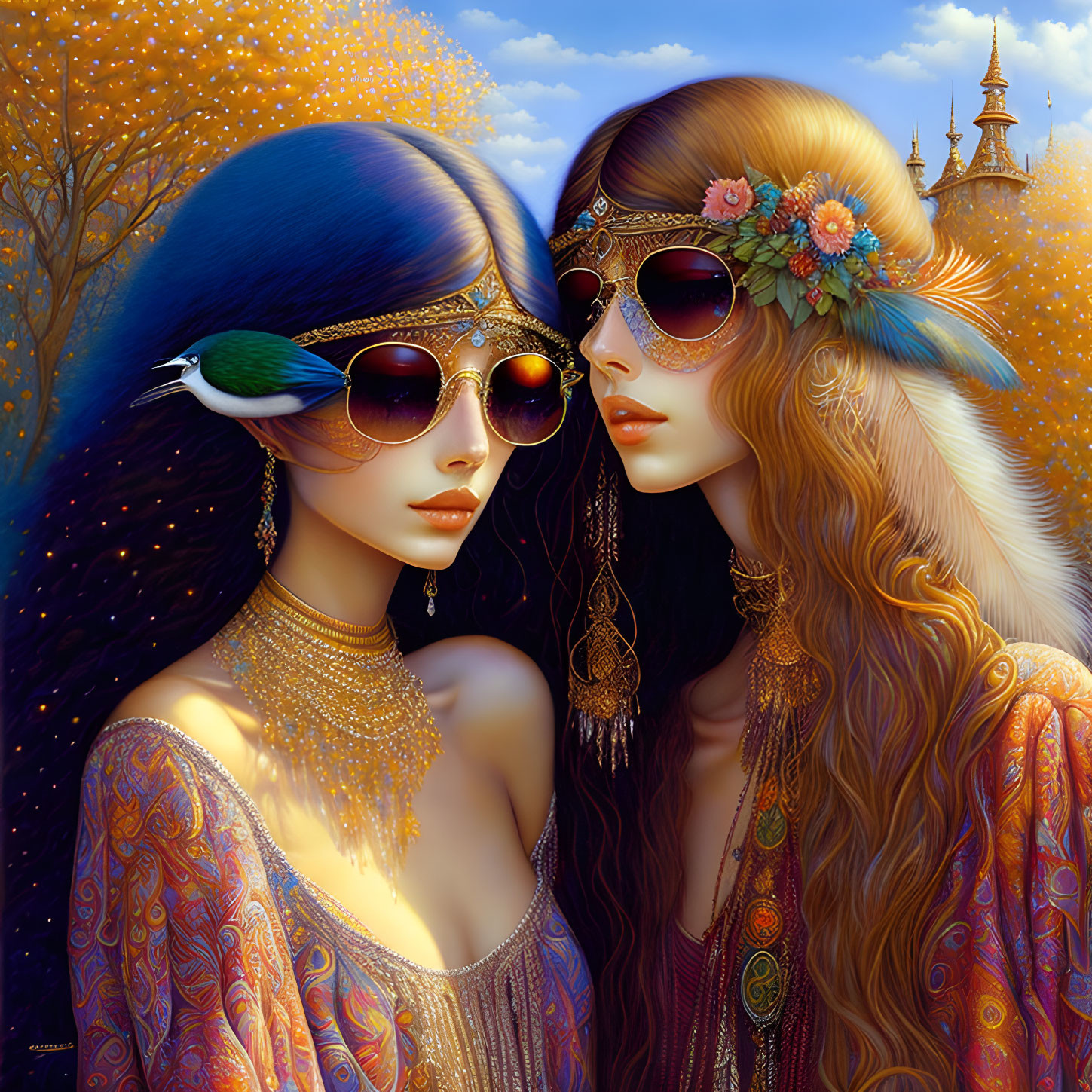 Stylized women with bohemian accessories in autumnal fantasy setting